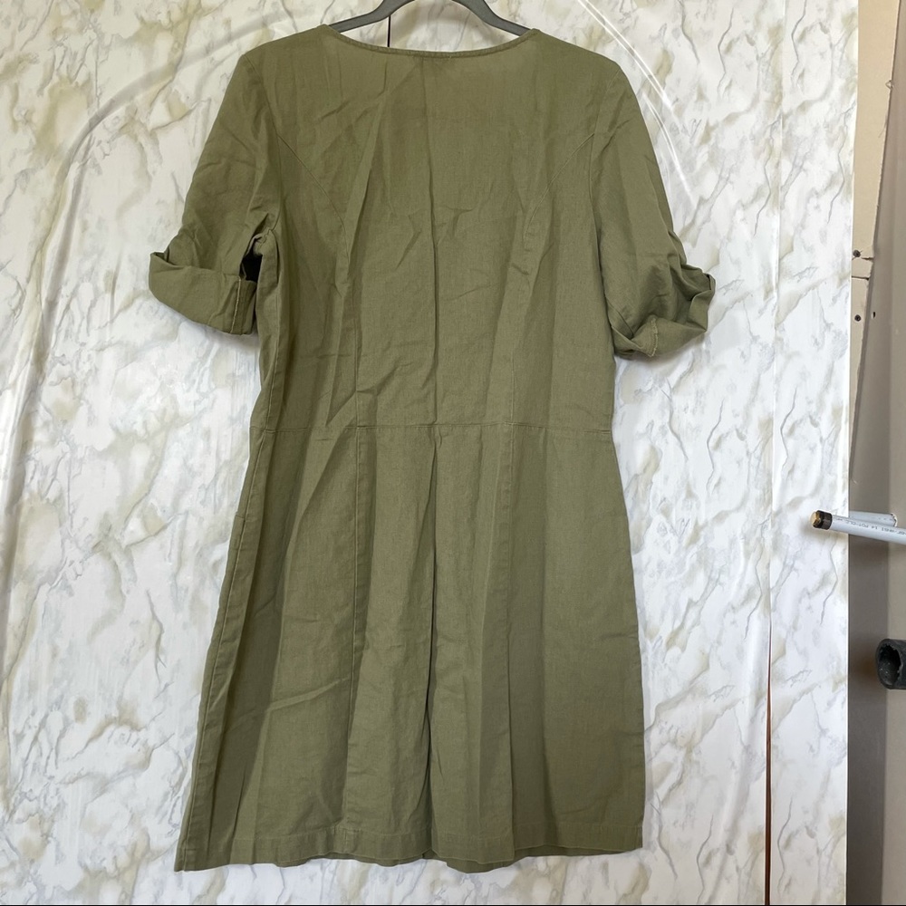 Simply Noelle S/M linen olive green dress button up short sleeve pockets summer - Picture 7 of 8